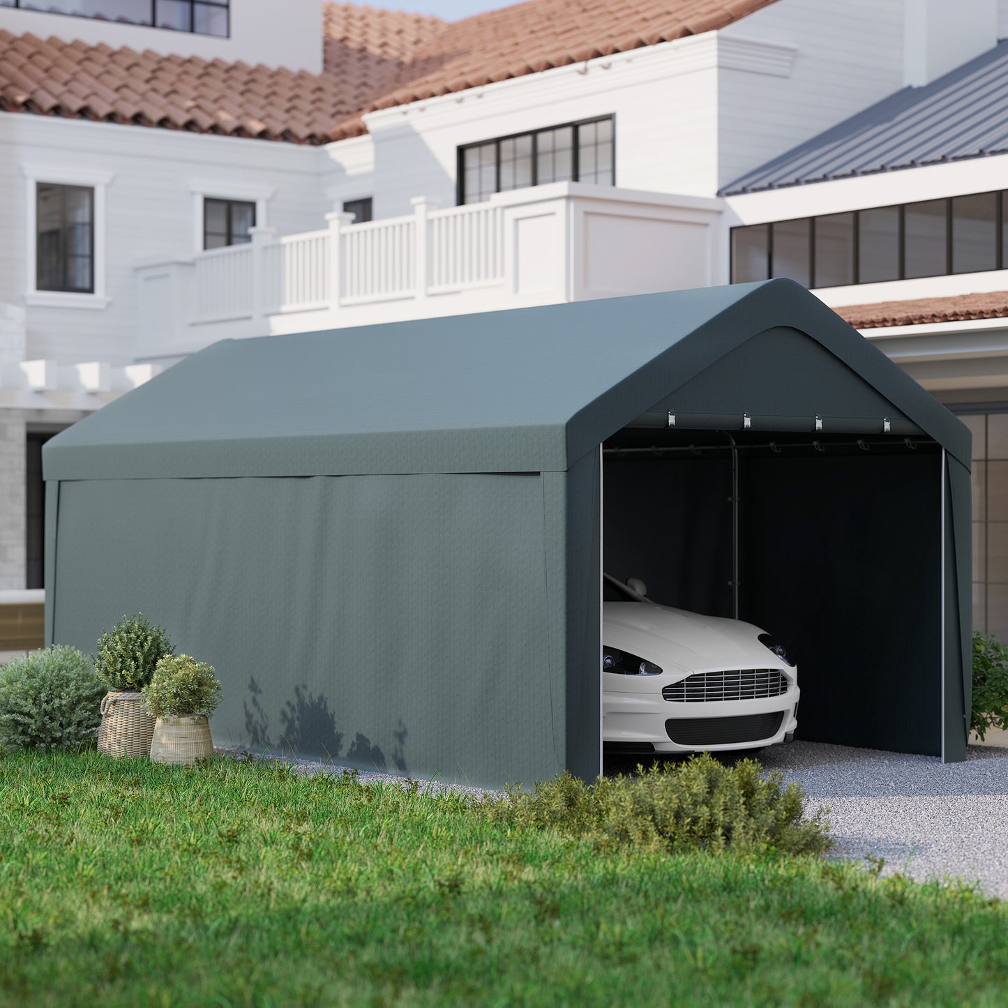 Carport, 10 x 20 ft Portable Garage with 2 Roll-Up Doors and Removable Sidewalls for Car, Truck, Boat, Dark Grey