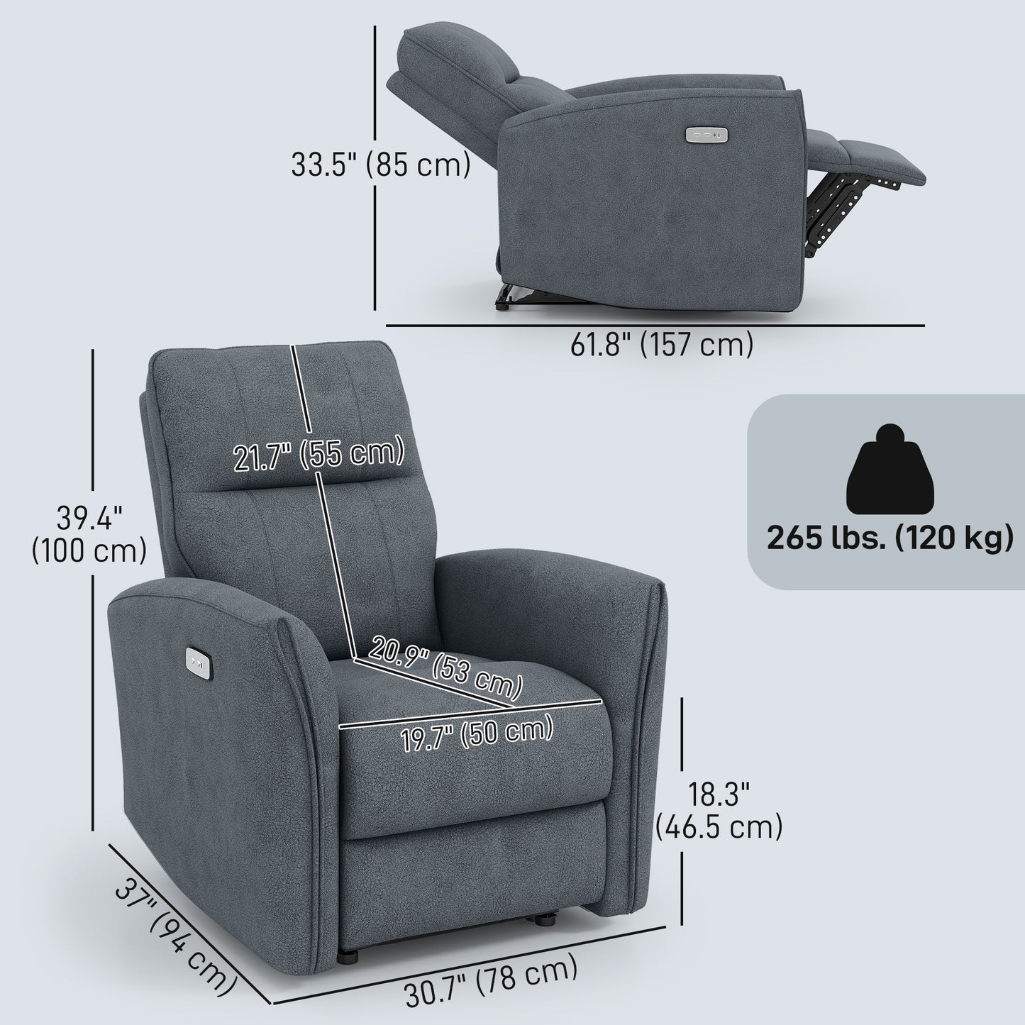 Power Recliner Chair, Dyed Fabric (Like Leathaire) Upholstered Recliner Chair with USB Ports, Footrest, Charcoal Grey