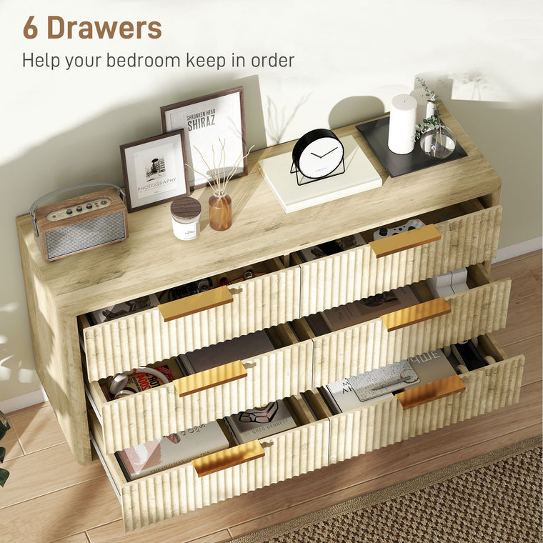 Fluted 6-Drawer Dresser with Pine Legs - Oak