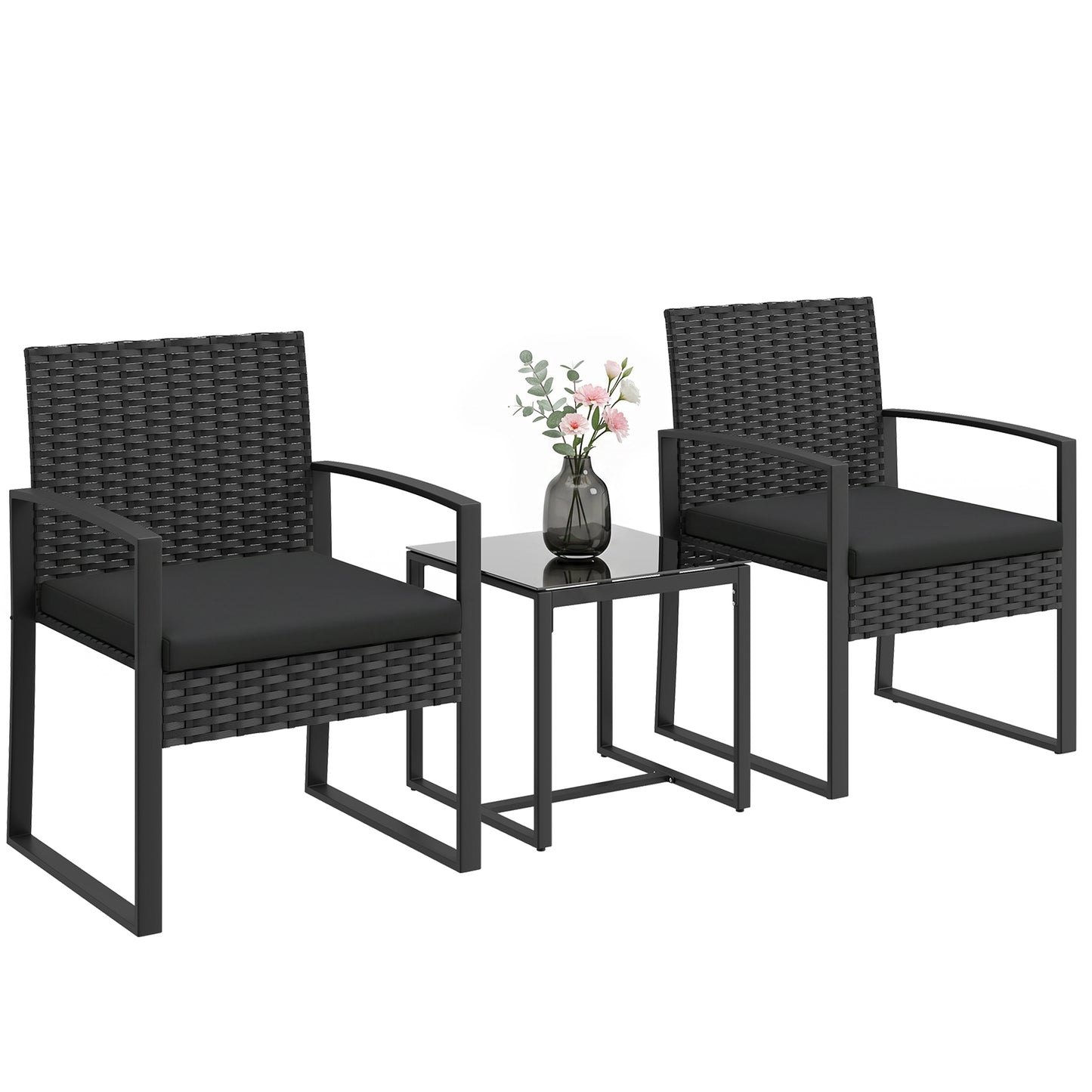 Outdoor Bistro Set, 3 Piece Wicker Patio Furniture Set with Glass Top Table and Cushions for Porch, Balcony, Black