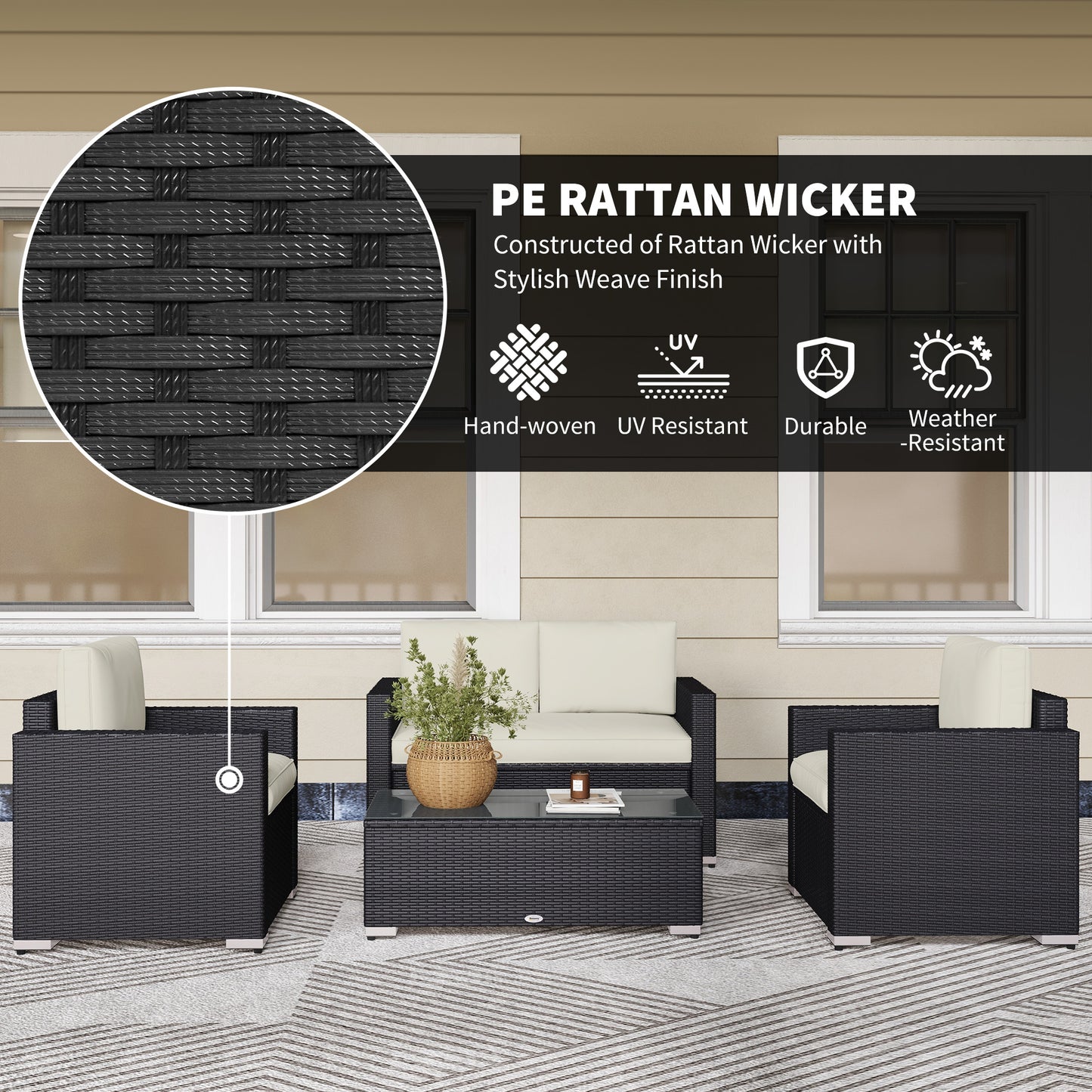 Outdoor Furniture with Table, Wicker Furniture with Loveseat and 2 Chair for Garden, Poolside, Cream