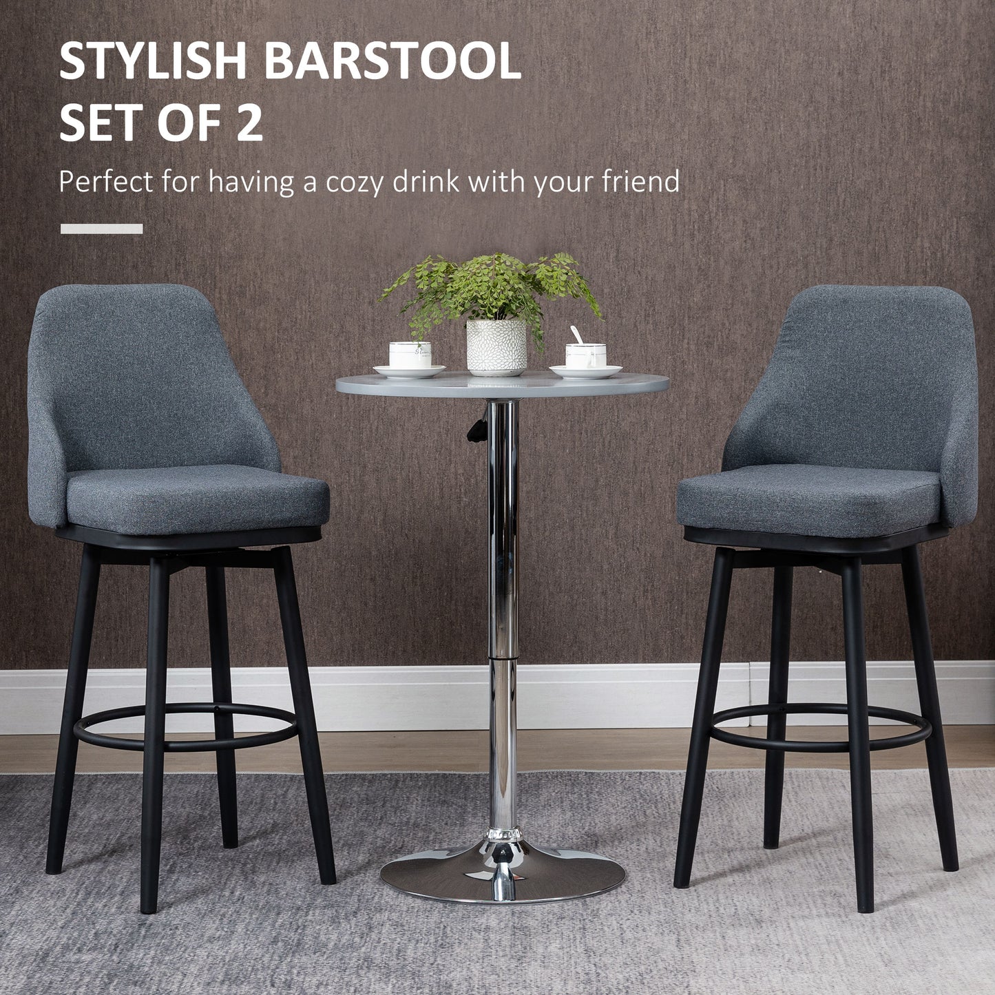 Extra Tall Bar Stools Set of 2, Modern 360° Swivel Barstools, Dining Room Chairs with Steel Legs Footrest, Charcoal Grey