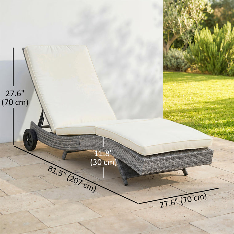 Cream White Wicker Chaise Lounge with Wheels