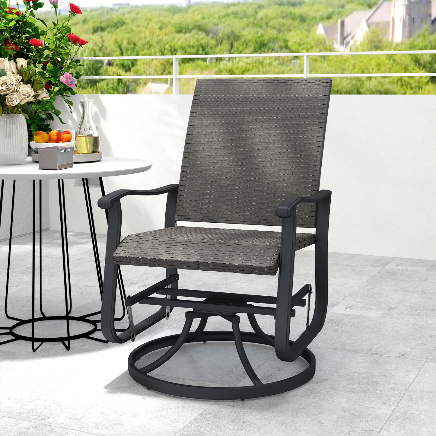 Rattan Patio Glider, Wicker Outdoor Glider Swivel Chair with Steel Frame, High Back for Backyard Porch, Grey