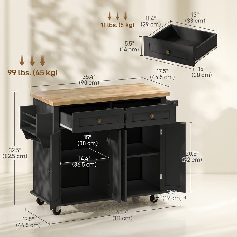 Rolling Kitchen Island with Wood Top and Spice Rack - Black