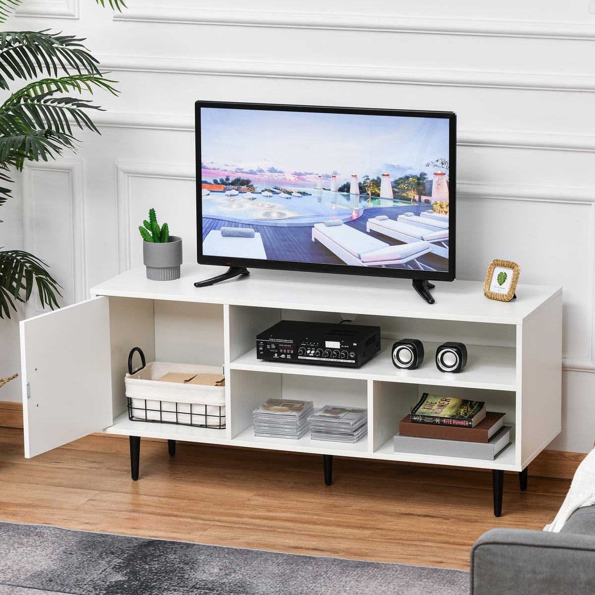 Modern TV Stand Cabinet for TVs up to 60 Inches with Storage Shelf, Cable Hole, Home Entertainment Unit Center, for Living Room Bedroom, White
