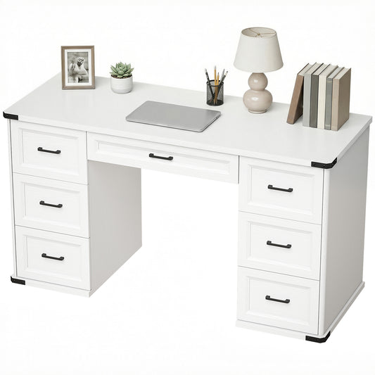 55" Executive Computer Desk with 7 Drawers - White Wood Grain