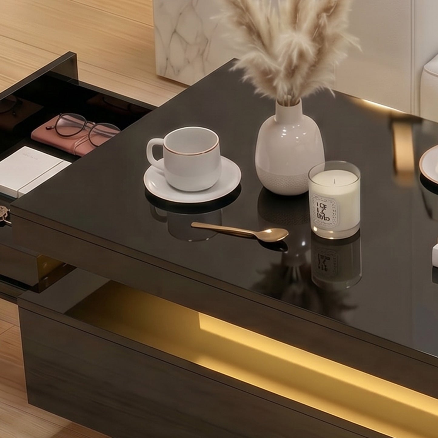 LED Coffee Table with Storage, 2-Tier Modern Center Table with 2 Drawers for Living Room, High Gloss Black
