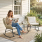 3 Piece Rocking Bistro Set Outdoor Patio Furniture Set with Cushions, Glass Coffee Table for Balcony, Cream White