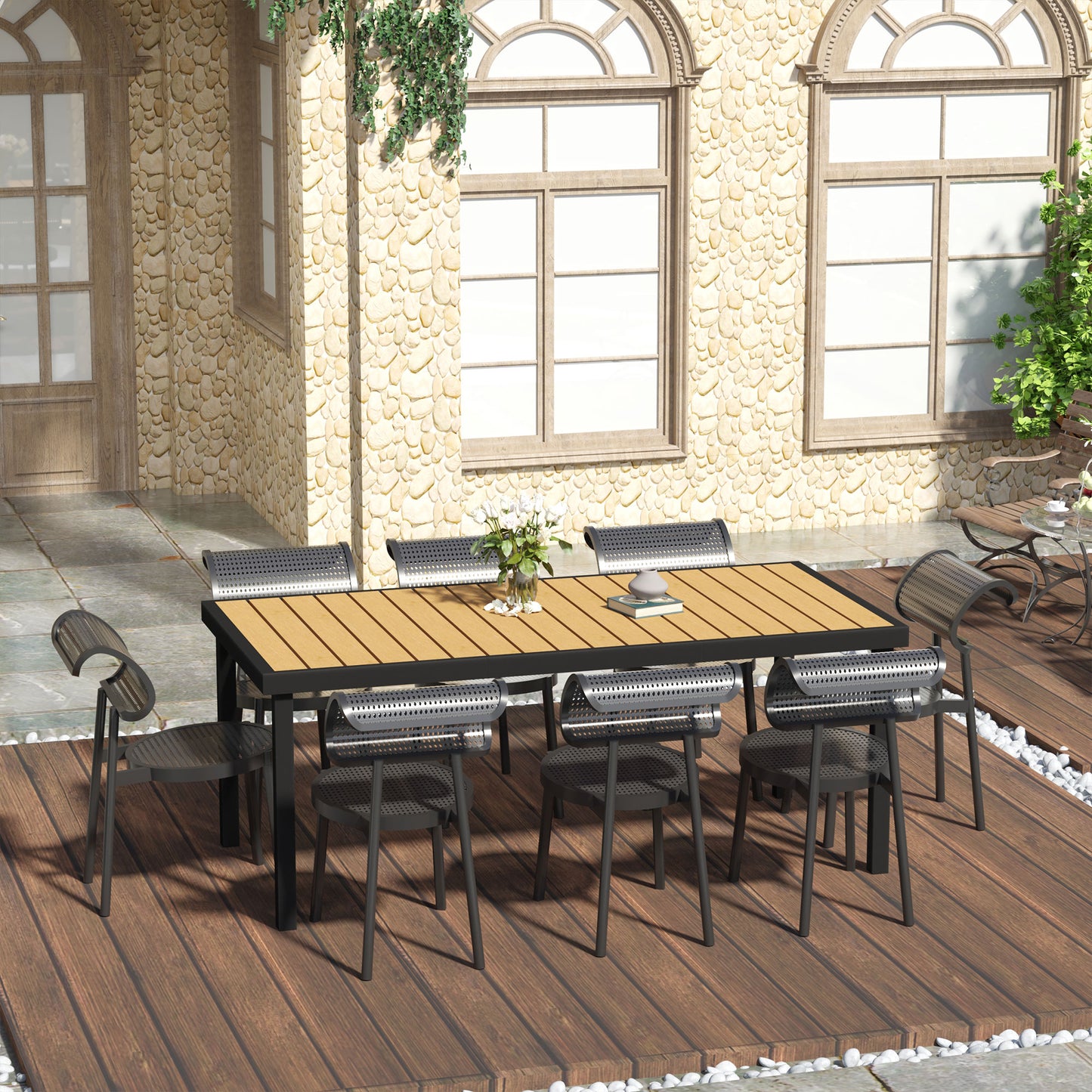 Patio Dining Table for 8, Rectangular Aluminum Outdoor Table for Garden Lawn Backyard, Black