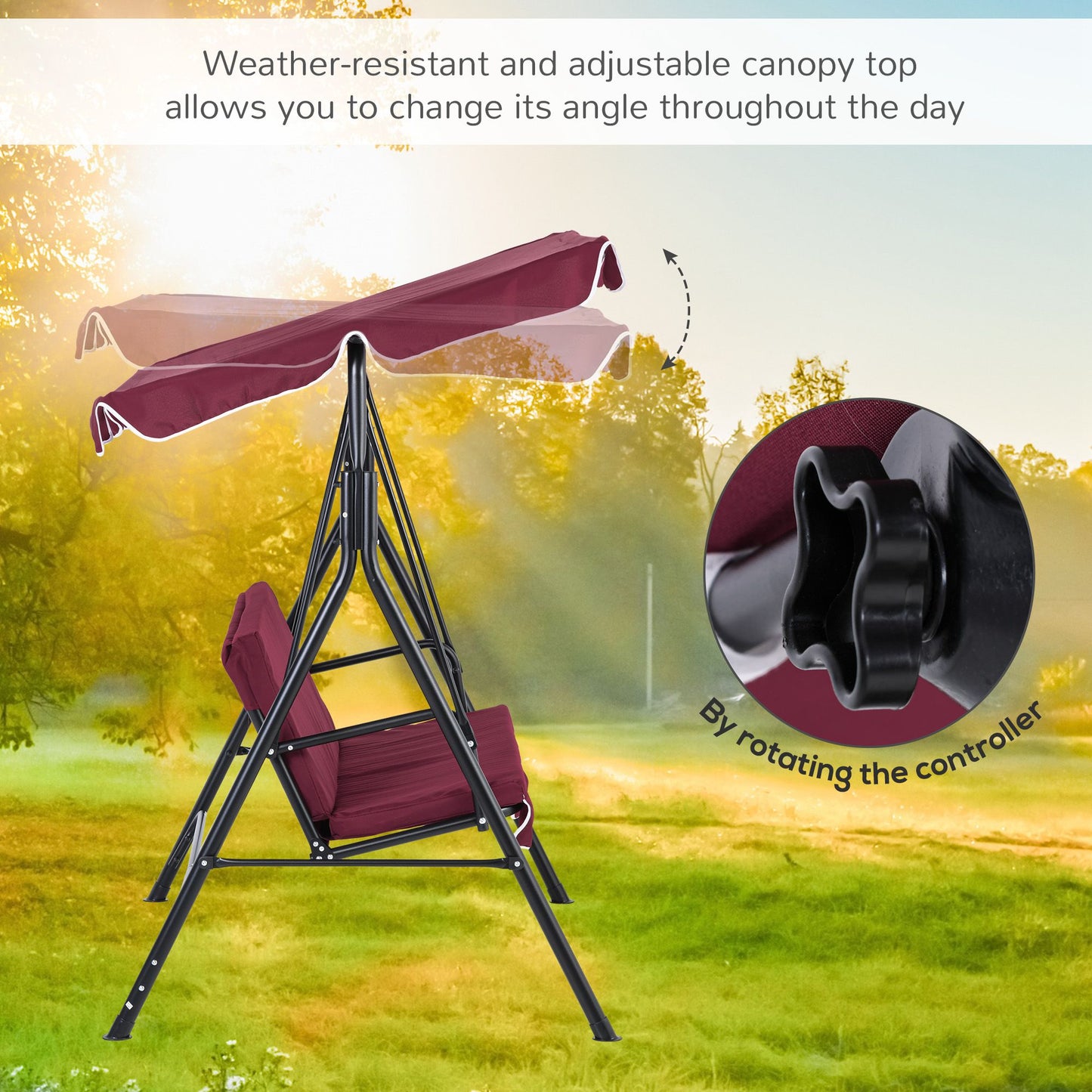 3-Seater Outdoor Porch Swing with Adjustable Canopy, Patio Swing Chair for Garden, Poolside, Backyard, Wine Red