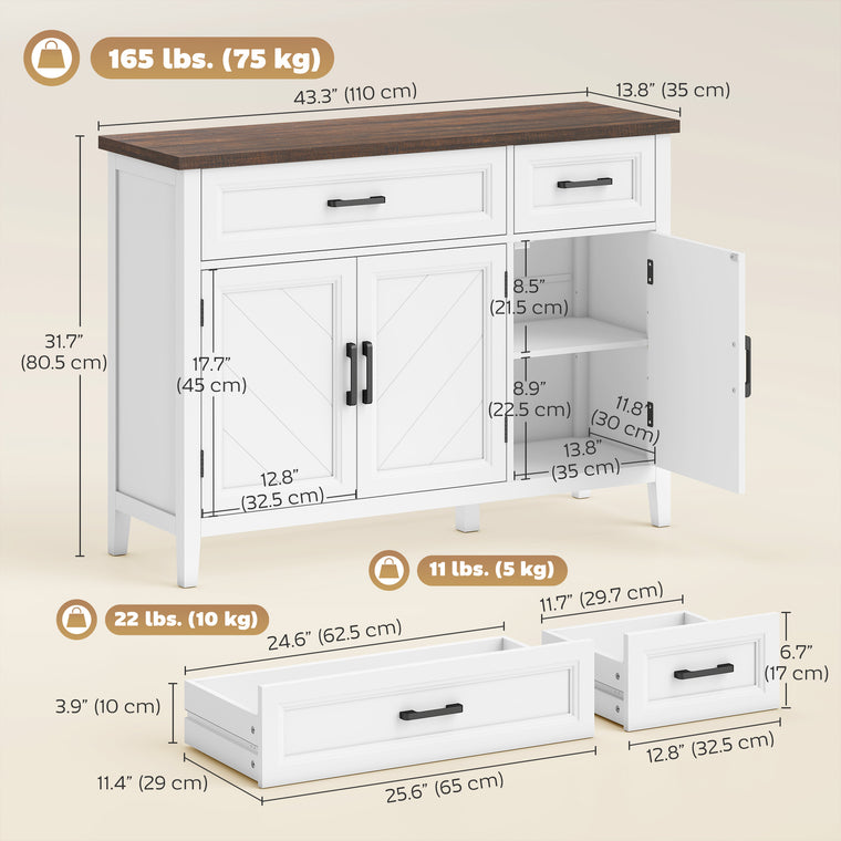 44" Farmhouse Sideboard Cabinet with Chevron Doors - White