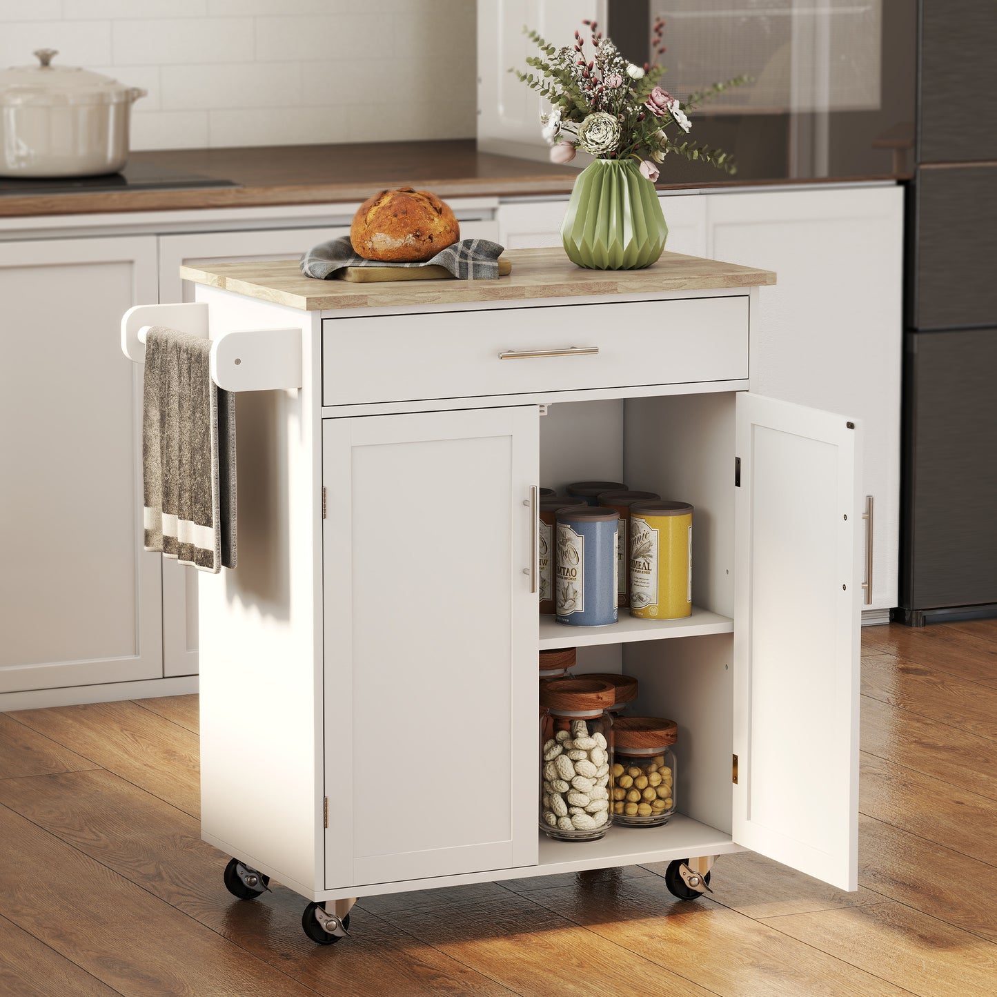 Kitchen Trolley Mobile Kitchen Island on Wheels Serving Cart Wooden Storage w/ Drawer and Towel Bar White
