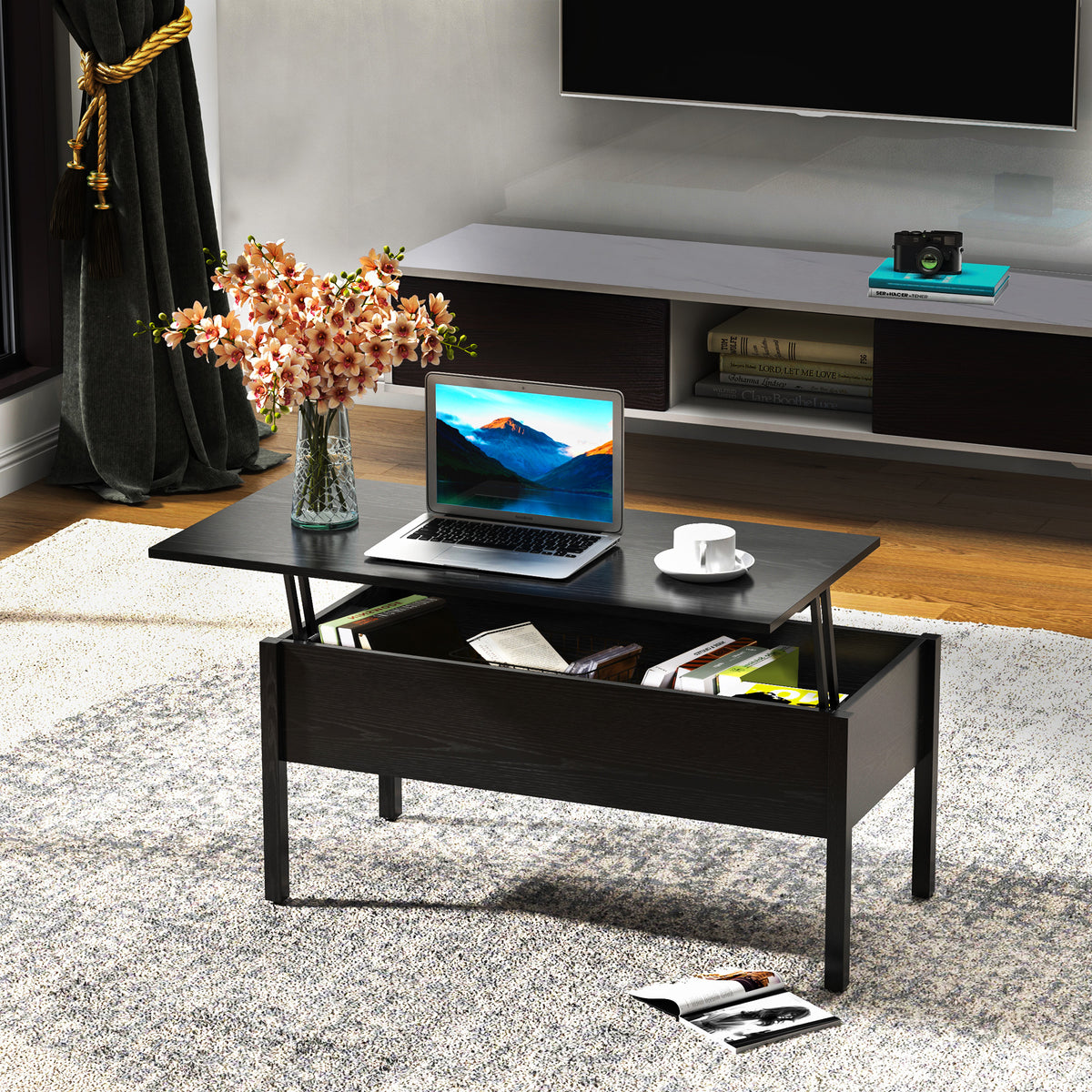 39" Modern Lift Top Coffee Table with Hidden Storage Compartment, Center Table for Living Room, Black