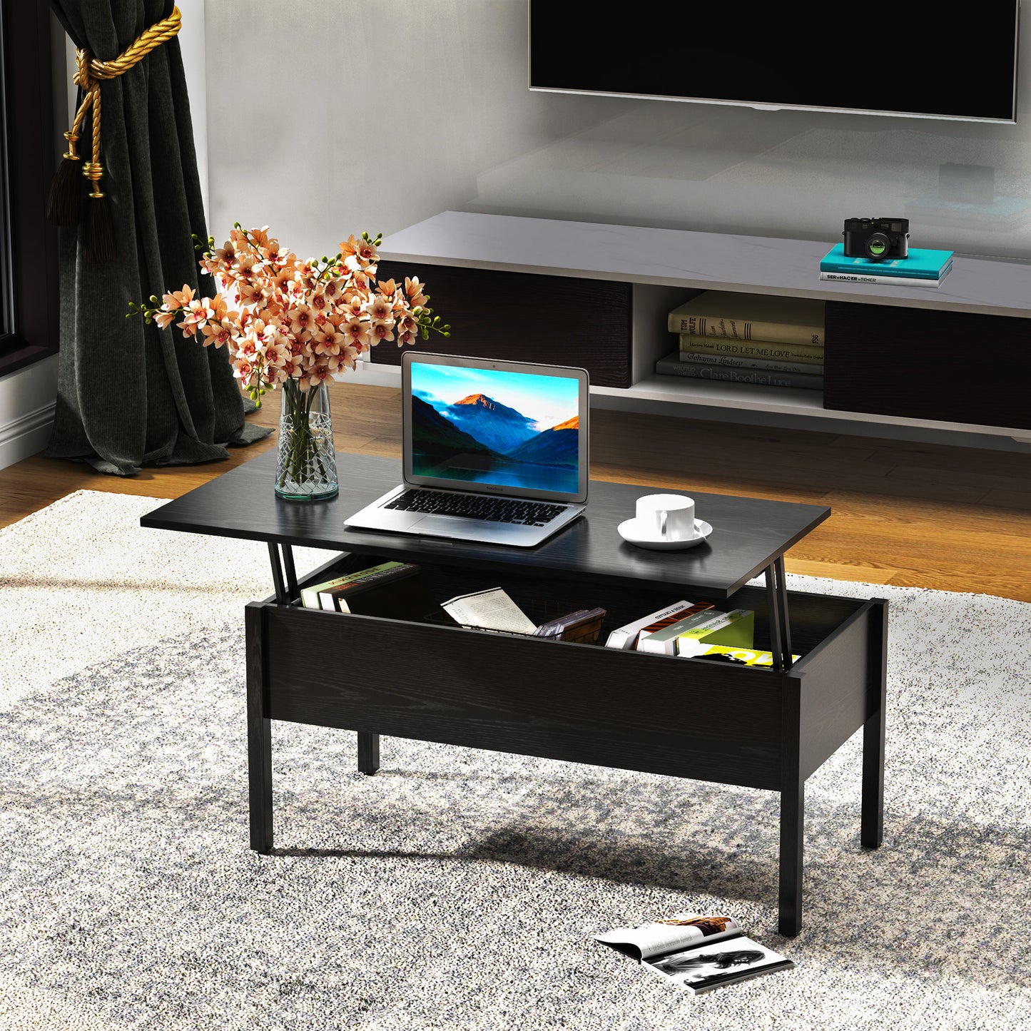 39" Modern Lift Top Coffee Table with Hidden Storage Compartment, Center Table for Living Room, Black
