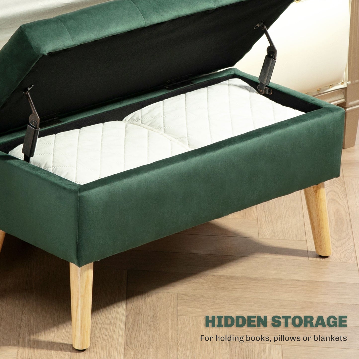 Storage Ottoman with Lid, Velvet Upholstered Storage Bench with Wood Legs for Living Room, Dark Green