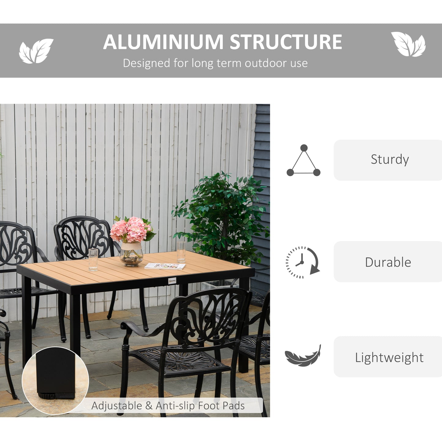 Aluminum Outdoor Dining Table for 6, Rectangular Patio Dining Table 55" L x 35.5" W x 29.25" H, Modern Garden Table for Kitchen, Dining Room, Patio, Natural