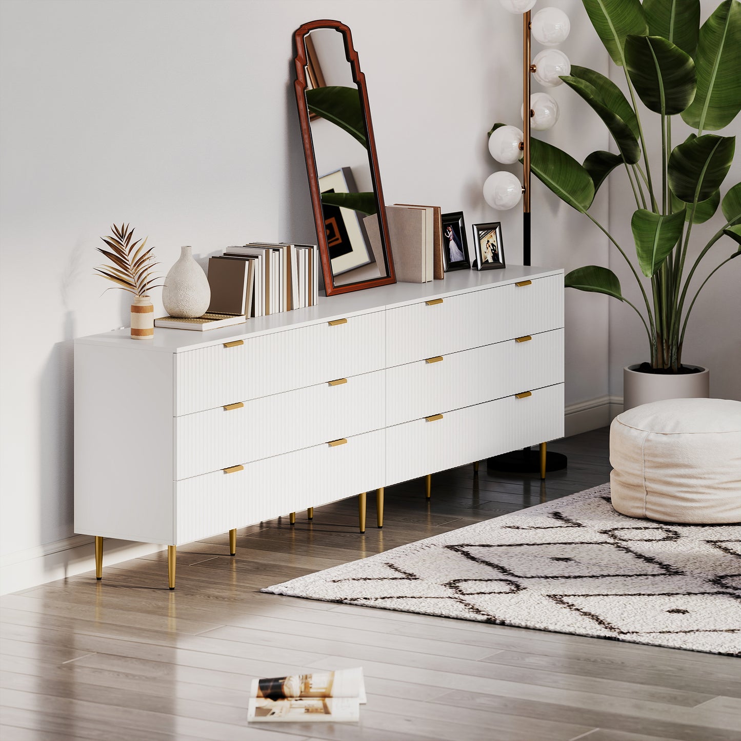 Modern Chest of Drawers 6 Drawer Dresser for Bedroom with Gold Legs and Handles, White