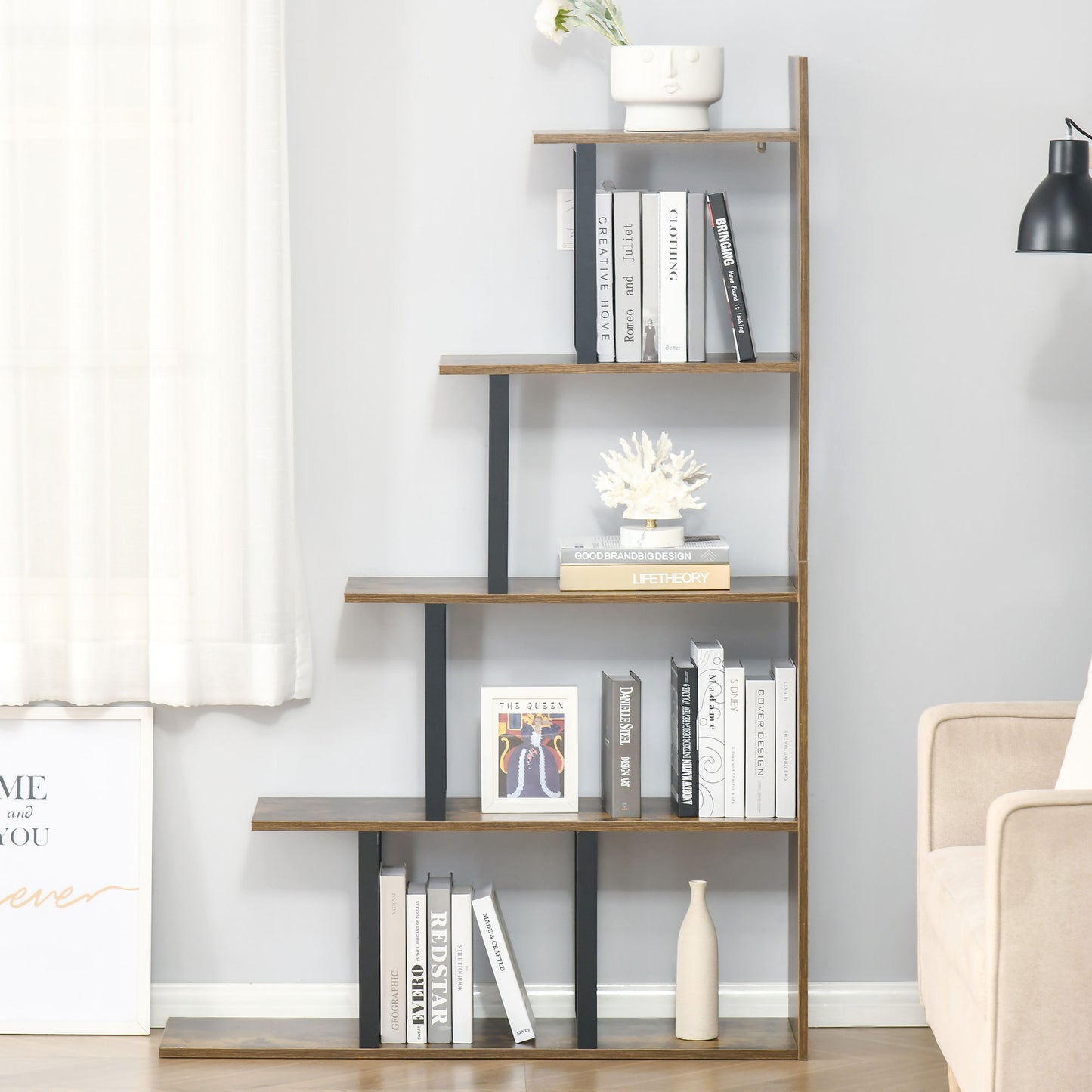 5-Tier Ladder Bookshelf, Wooden Ladder Bookshelf, Display Stand Organizer for Living Room Indoor Corner Shelf - Rustic Brown