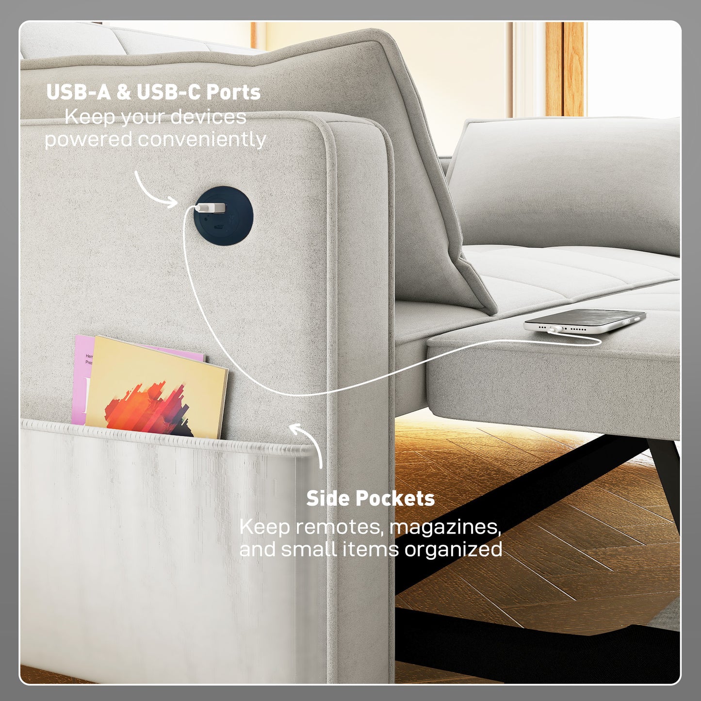 3-in-1 Convertible Sofa Bed, Pull-Out Sleeper Sofa with USB Charging, Adjustable Backrest and Side Pockets, Beige