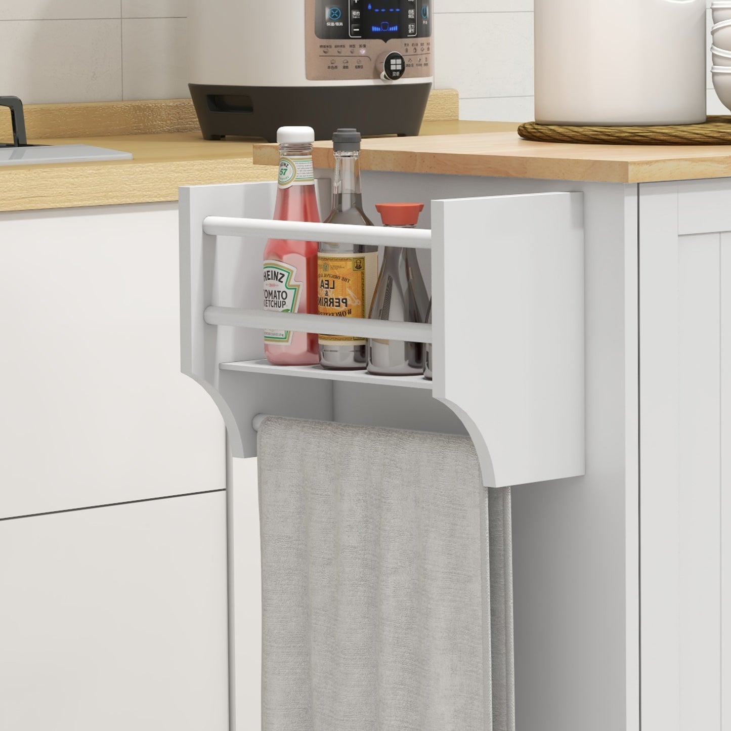 Modern Rolling Kitchen Island Cart with Drawers, Natural Wood Top, Towel Rack, Door Storage Cabinet, White
