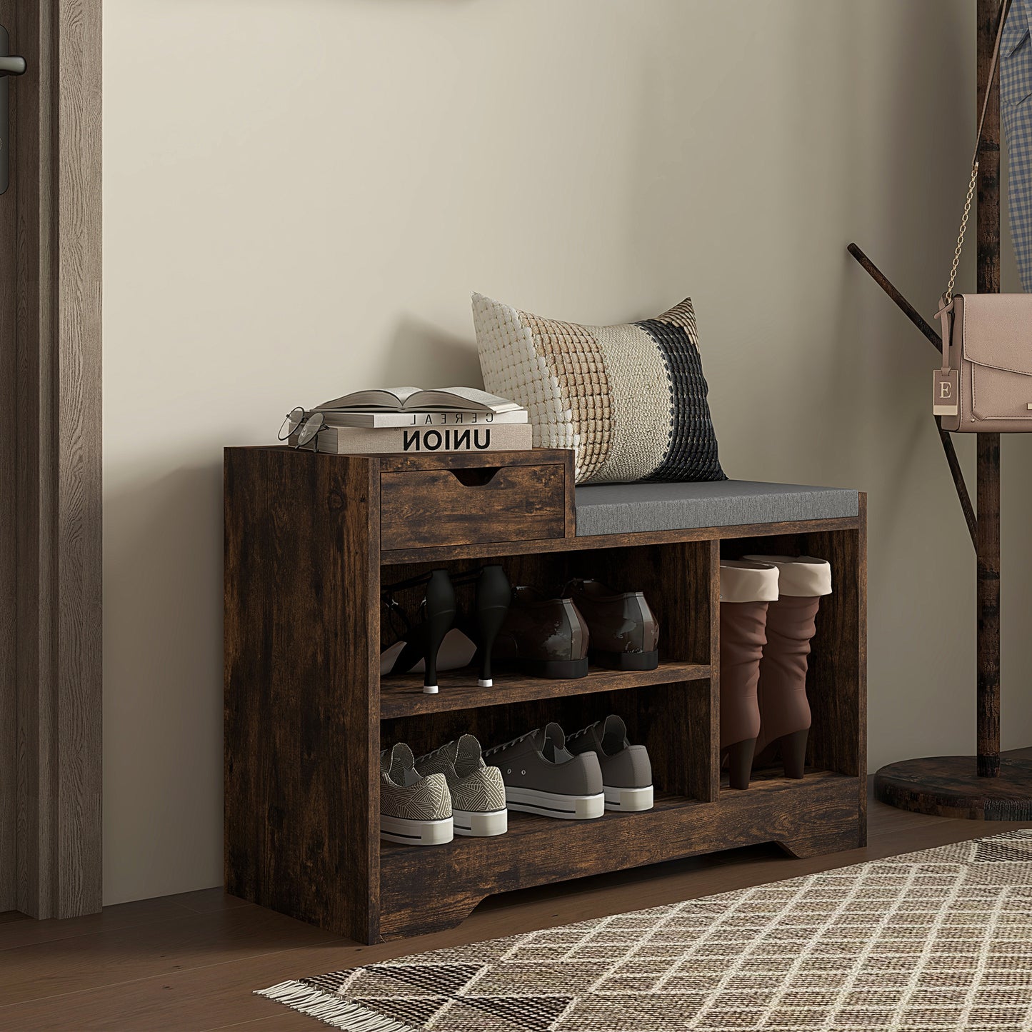 Upholstered Shoe Storage Bench, Hallway Shoe Storage with Seat, Drawer, 3 Open Shelves for Entryway, Rustic Brown