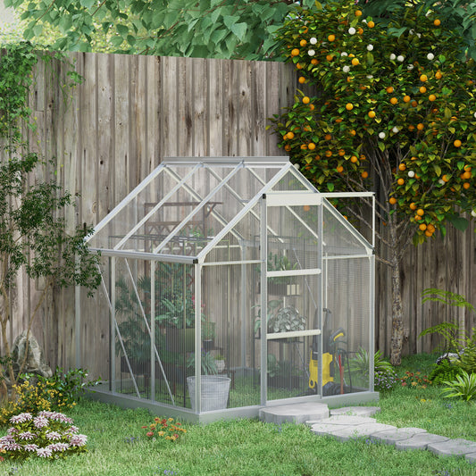 Walk-In Greenhouse, Polycarbonate Greenhouse with Sliding Door, Window, Aluminium Frame, Foundation, Silver - 6' x 6'