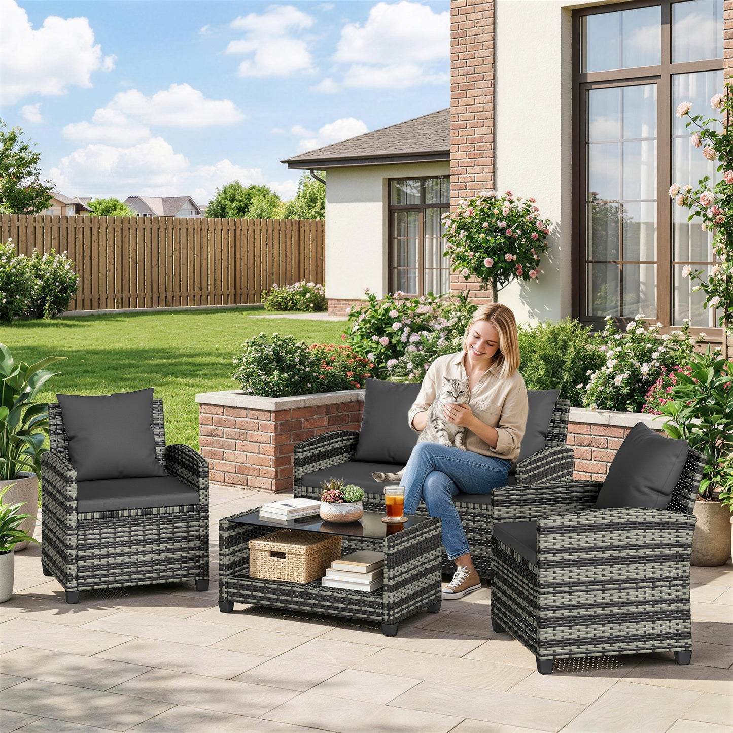 4-Piece Outdoor Wicker Patio Furniture Conversation Set, Includes Loveseat, Chairs and 2-Tier Table with Cushions, Modern Rattan Sofa Set for Backyard, Dark Grey