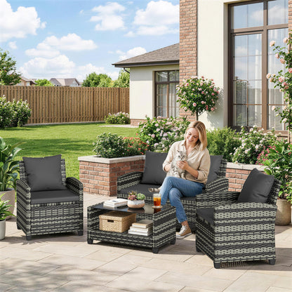 4-Piece Wicker Conversation Set with 2-Tier Table - Dark Grey