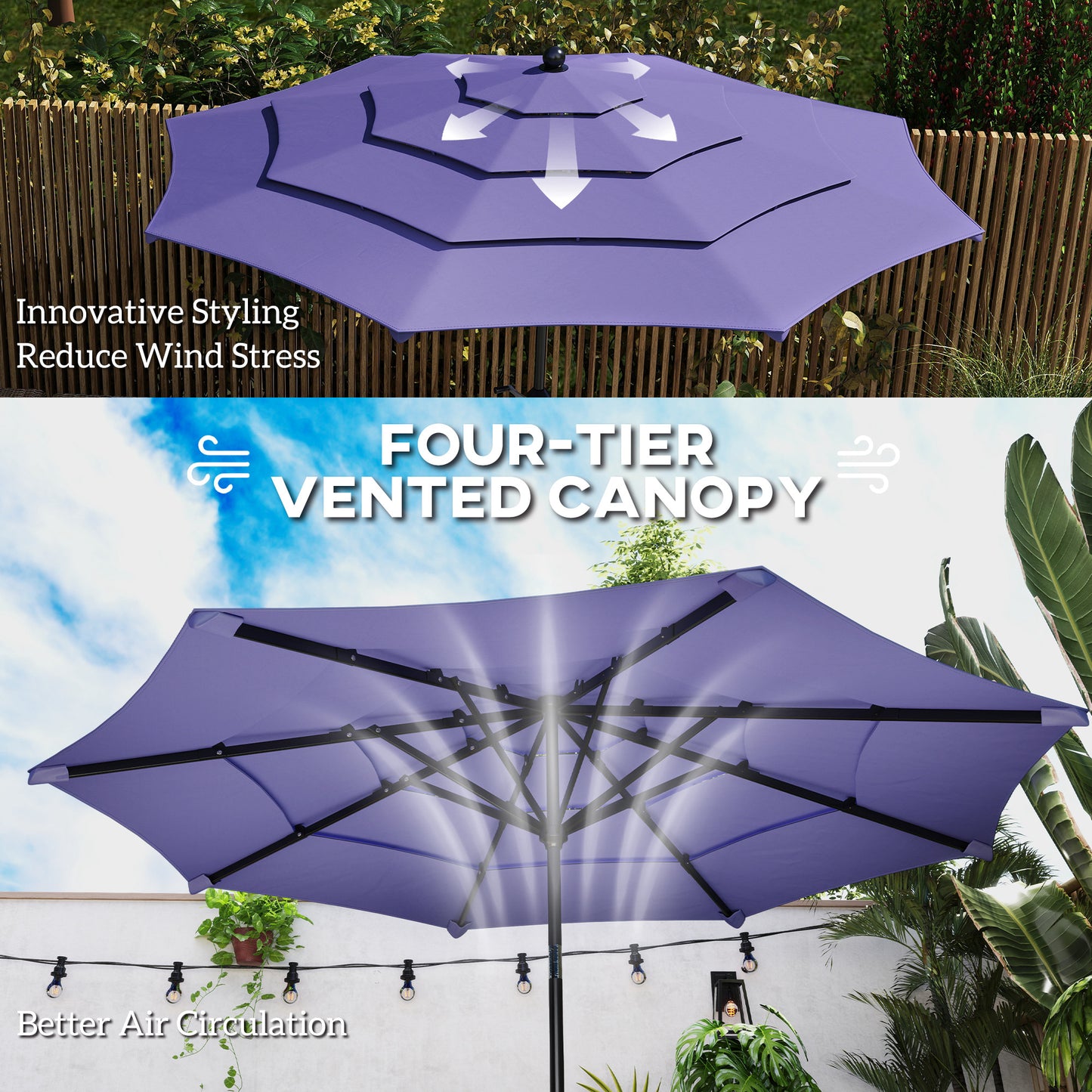 10.7FT Patio Umbrella with 8 Ribs, Crank, Push Button Tilt, Air Vents, for Backyard, Deck and Lawn, Purple