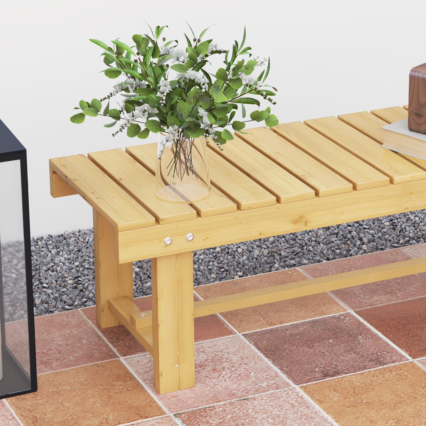 43" Wood Outdoor Bench, 2 Person Patio Bench, Backless Outdoor Patio Loveseat with Slatted Seat for Park, Backyard, Lawn, Natural Wood