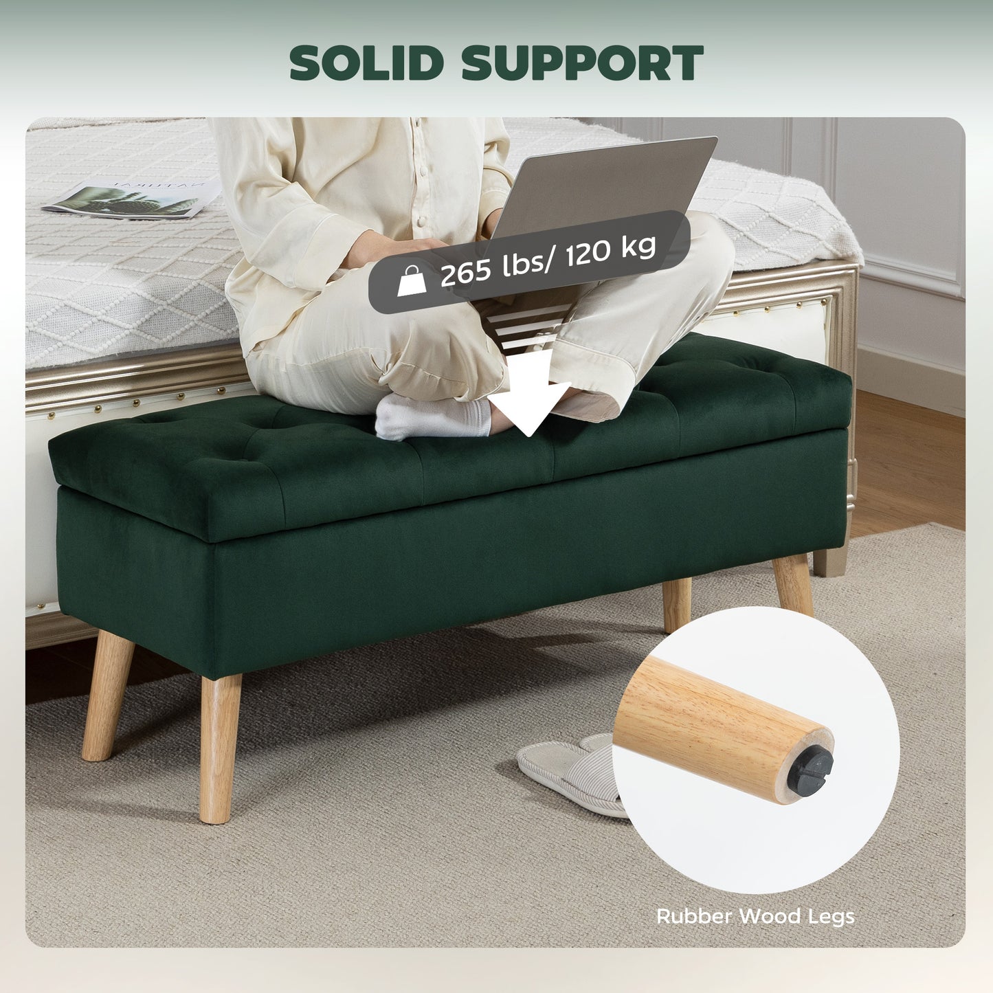 Storage Ottoman with Lid, Velvet Upholstered Storage Bench with Wood Legs for Living Room, Dark Green