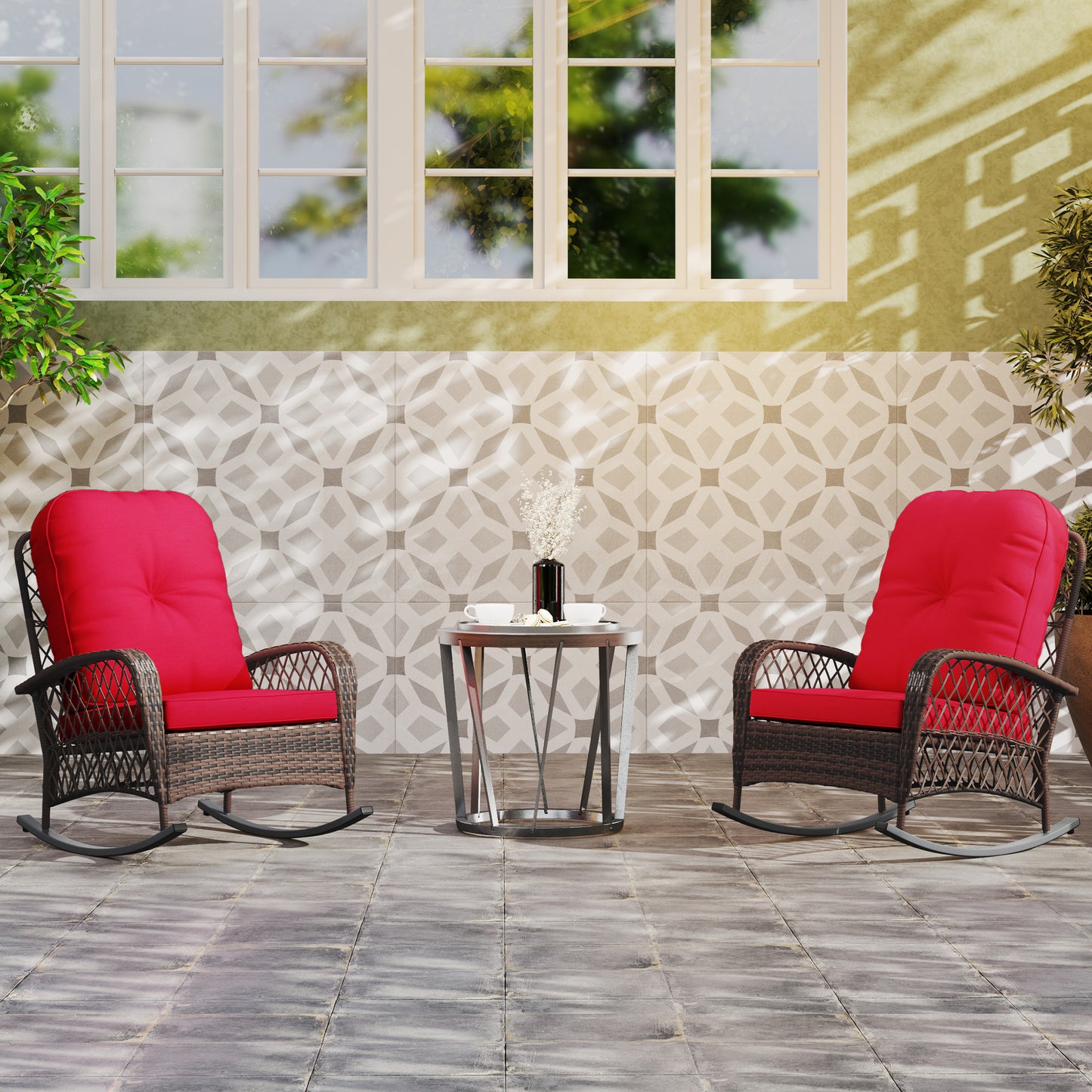 Outdoor Wicker Rattan Rocking Chair Set of 2, Patio Rocker with Thick Cushions for Garden Backyard Porch, Red