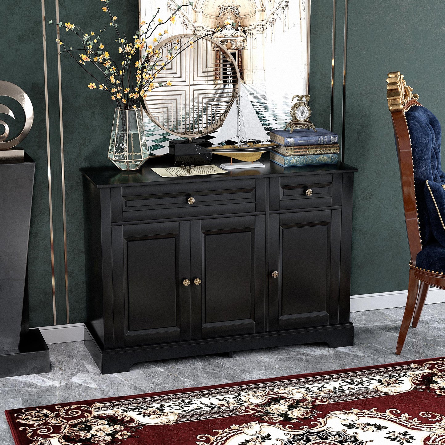 Modern Sideboard Cabinet, Buffet Cabinet with 2 Drawers and Adjustable Shelves, Buffets Tables for Dining Room, Black