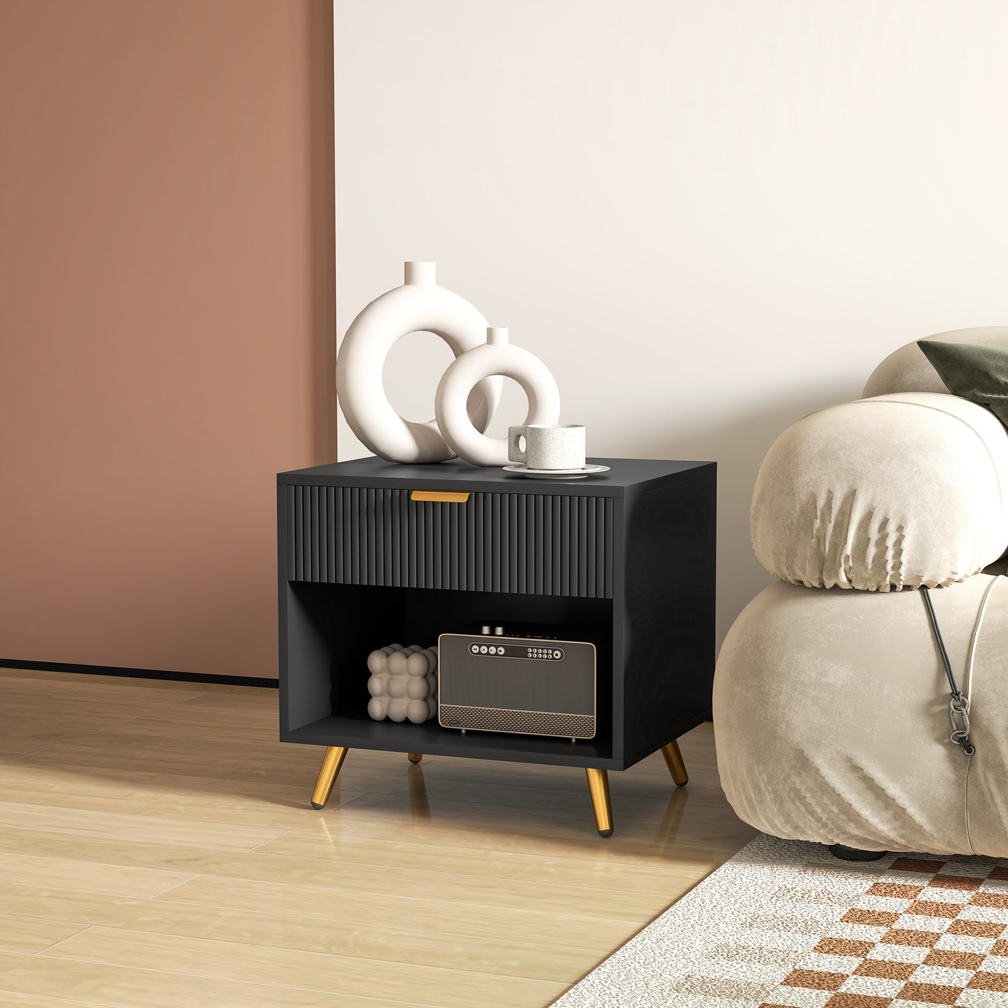Nightstand with Fluted Panel, Bedside Table with Drawer and Open Compartment, Modern Night Table for Bedroom, Black