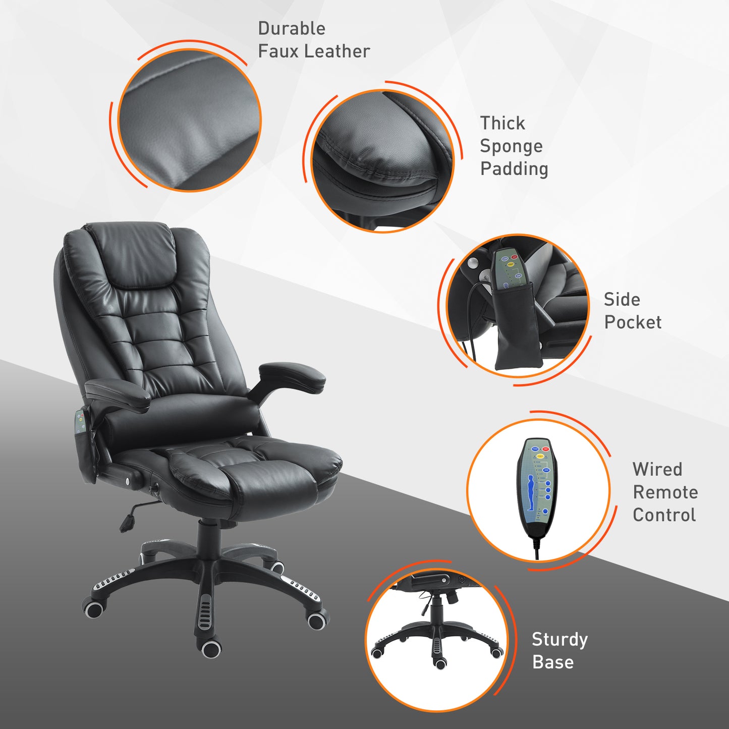 Heated Massage Executive Office Chair, High Back Reclining Swivel Chair with Vibration, Leather, Black