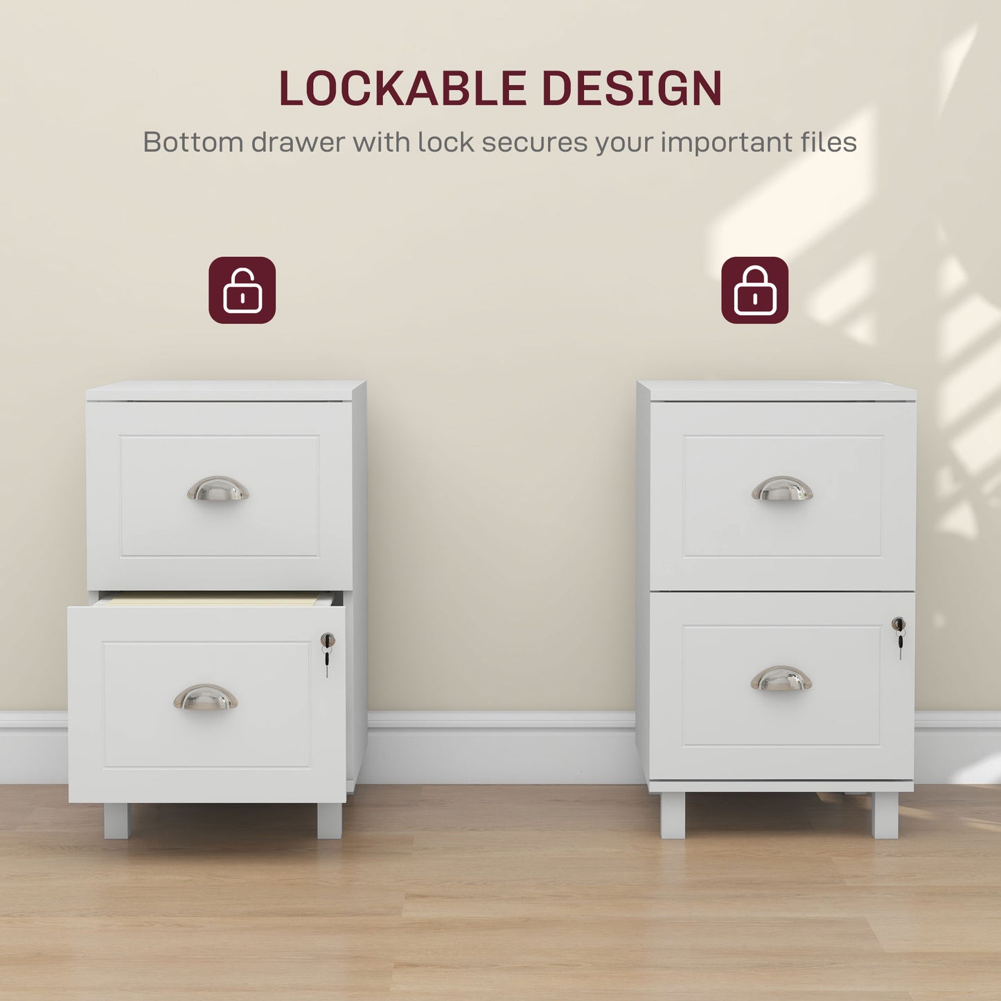 2-Drawer Small Filing Cabinet Lockable Home Office Storage Cabinet with Adjustable Hanging Bars for A4 Letter White
