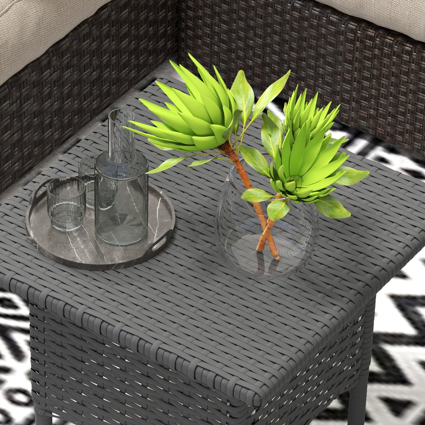 Wicker Outdoor Side Table, 20" Square Patio End Table w/ Full Woven Top, Grey