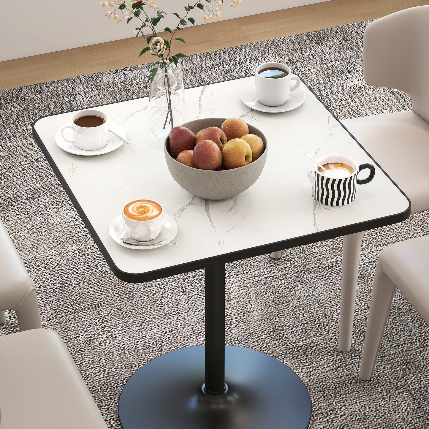 Dining Table for 4, Modern Kitchen Table with Marble Effect Tabletop and Round Base, White
