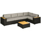 6 Pieces Outdoor Rattan Patio Furniture Set with Corner Sofa, Wood-Plastic Coffee Table, Navy Blue