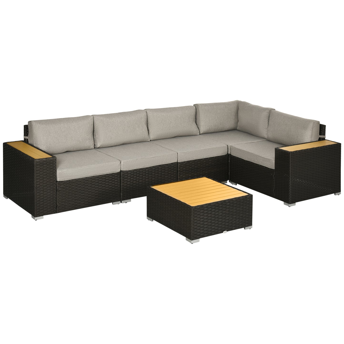 6 Pieces Outdoor Rattan Patio Furniture Set with Corner Sofa, Wood-Plastic Coffee Table, Navy Blue
