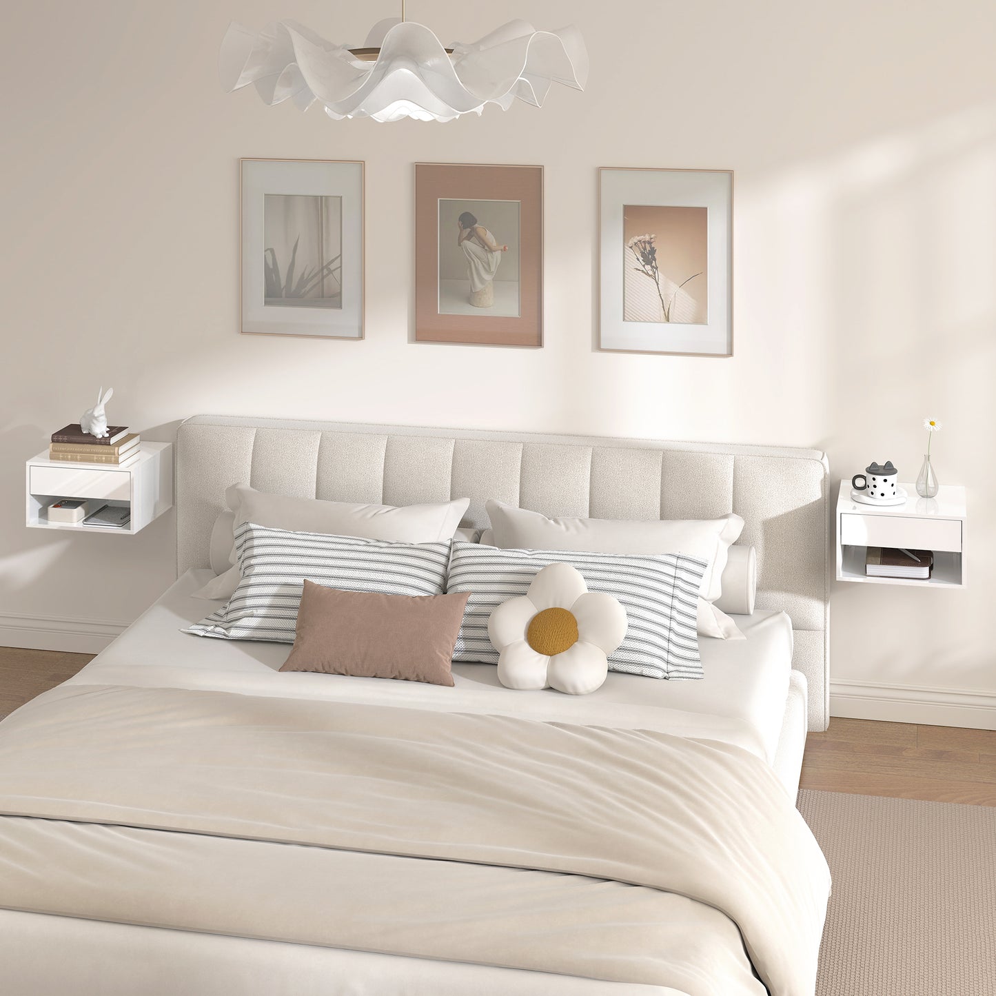 Floating Bedside Tables Set of 2, Wall-Mounted Nightstand, High Gloss White