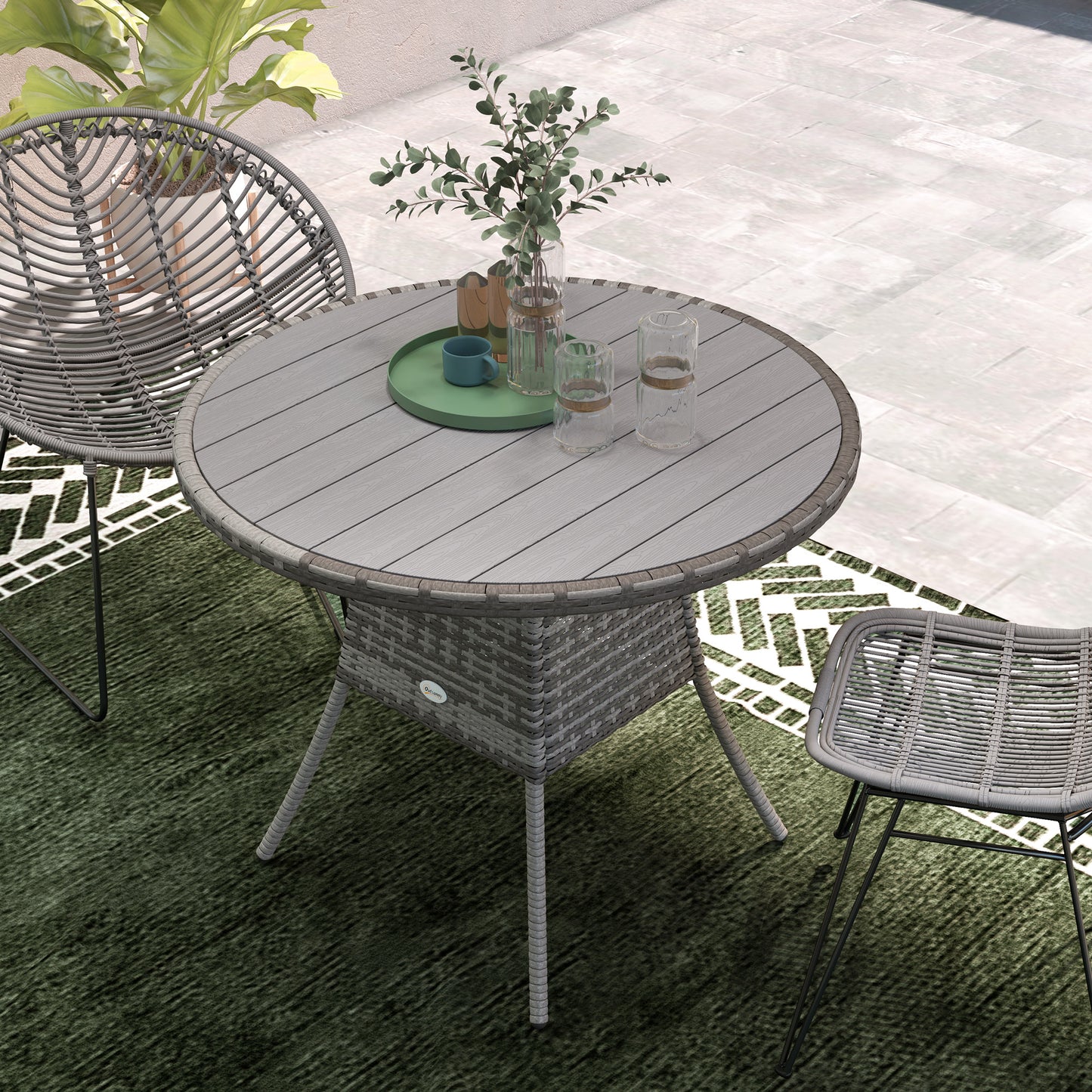 35.4" Outdoor Wicker Dining Table, PE Rattan Patio Furniture with Wood-plastic Composite Top, Grey