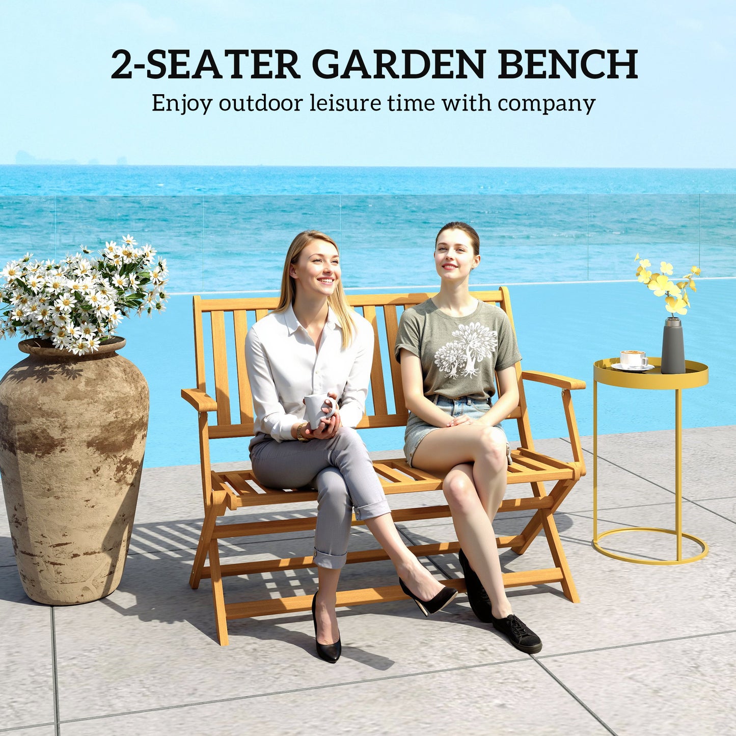 46.5" Foldable Wood Outdoor Bench with Backrest and Armrests for Outdoors, Patio, Porch, Park, Teak