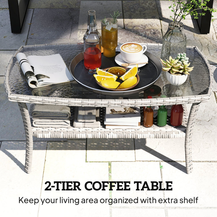 PE Wicker Coffee Table with Storage Shelf and Glass Top