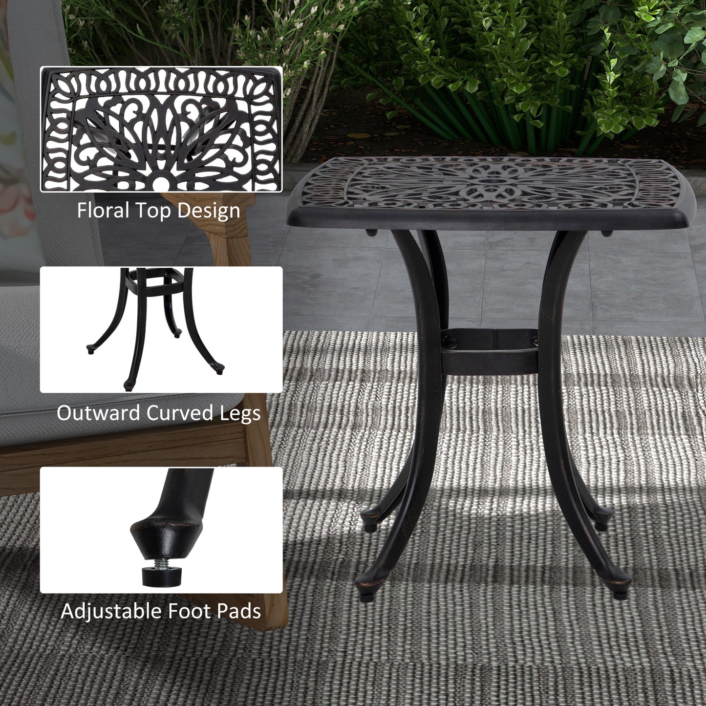 21" Square Outdoor End Table, Cast Aluminum Patio Side Table with Umbrella Hole for Garden, Balcony, Poolside, Black