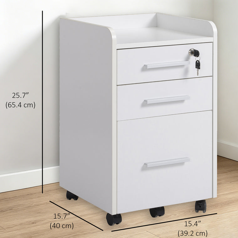 3-Drawer Filing Cabinet with Lock and Wheels - White