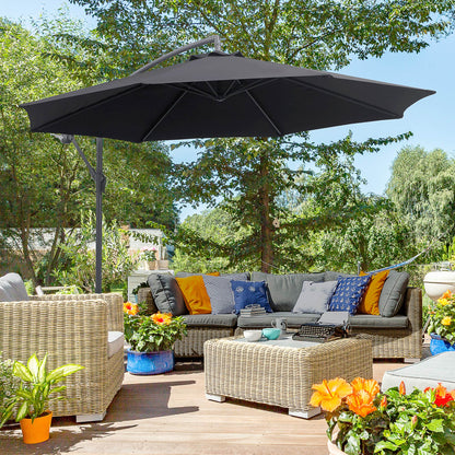 10' Black Banana Offset Umbrella with Crank & Cross Base