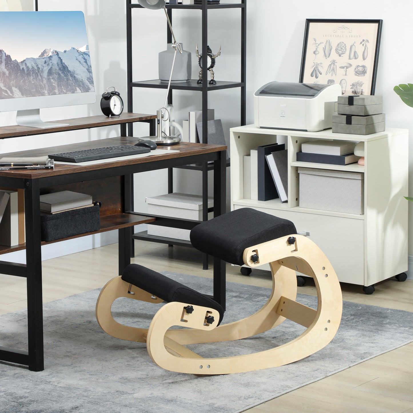 Ergonomic Kneeling Chair, Adjustable Rocking Wood Kneeling Stool, Desk Chair, Improve Posture, Black