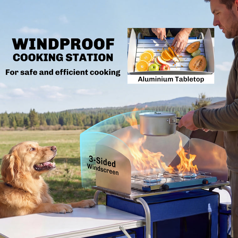Blue Aluminum Folding Camping Kitchen Table with Cupboards